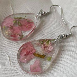 Handmade Pink and Green UV Resin Teardrop Floral Earrings